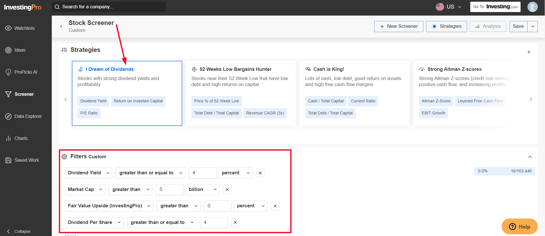 InvestingPro 'I Dream of Dividends' Stock Screener Filters