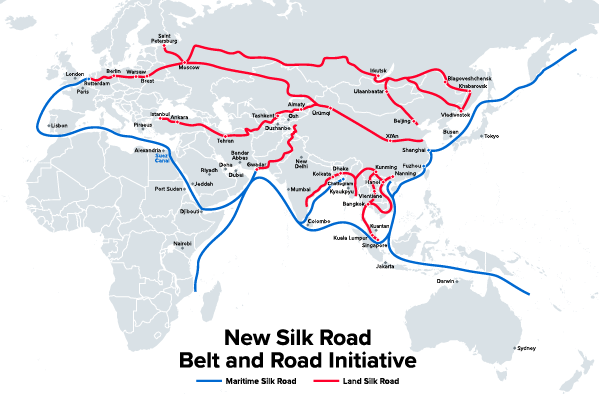 New Silk Road – Belt and Road Initiative Map (Land and Maritime Routes)