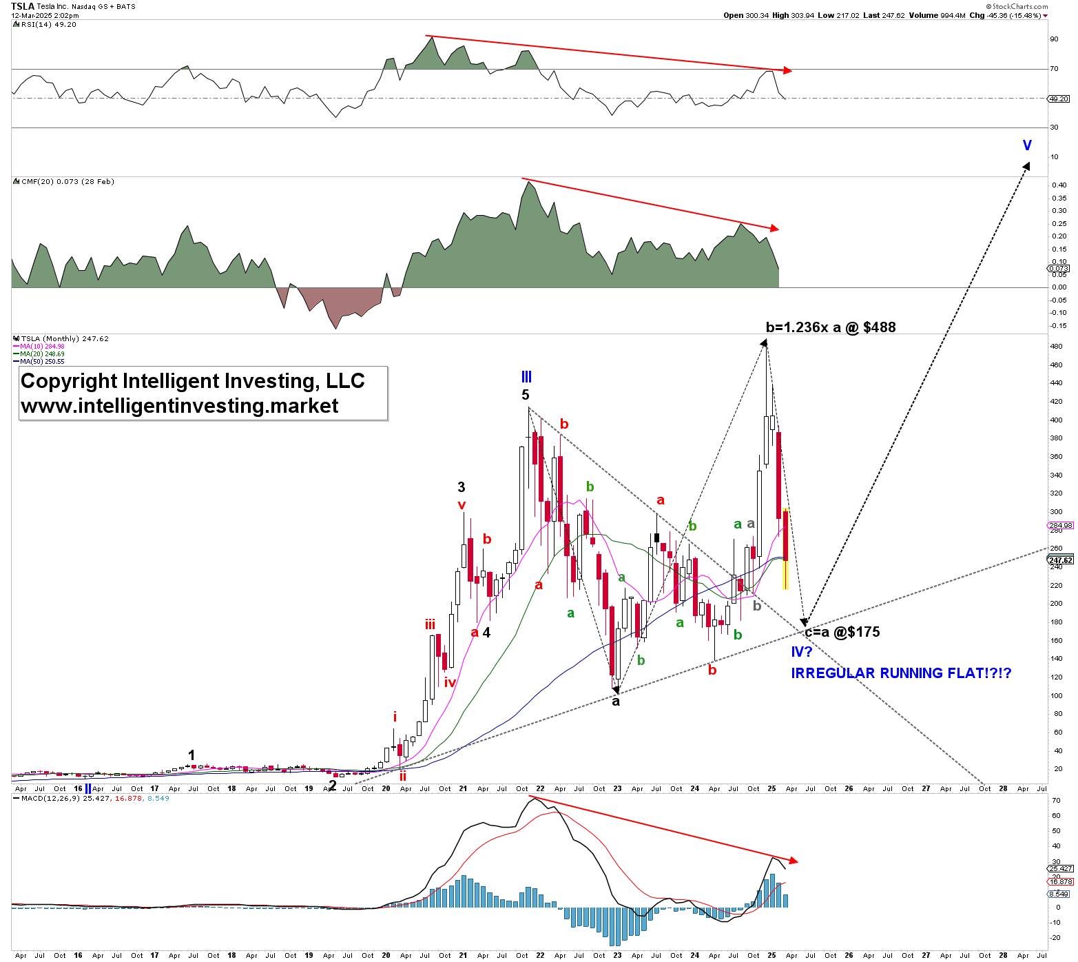 Figure 1 Tesla’s monthly chart with our big-picture Elliott Wave Principle Count