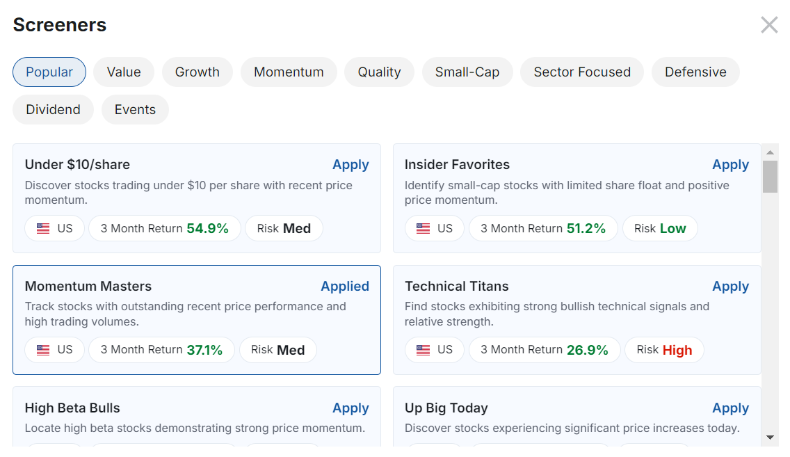 Investing.com Pre-Set Stock Screeners