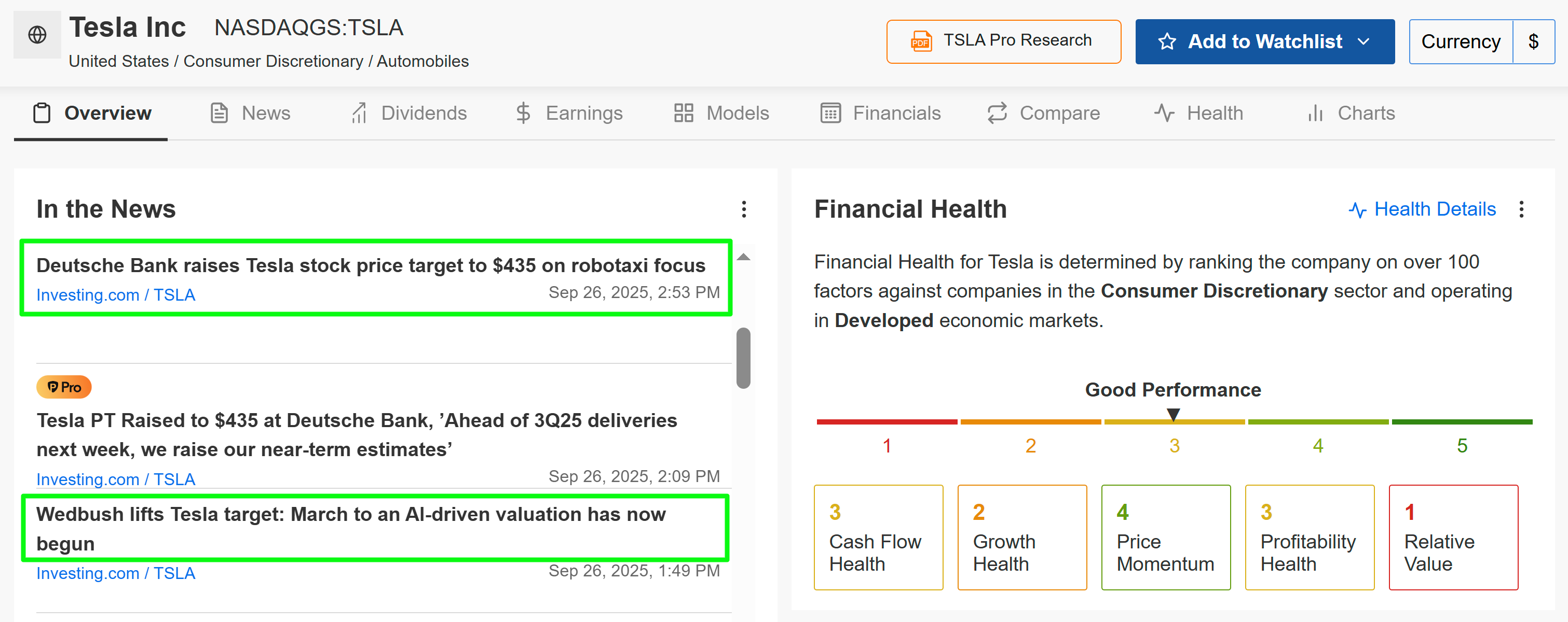 Tesla Financial Health