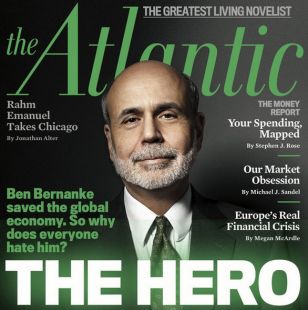 Magazine Cover of The Atlantic Featuring Ben Bernanke, labeled ’THE HERO’