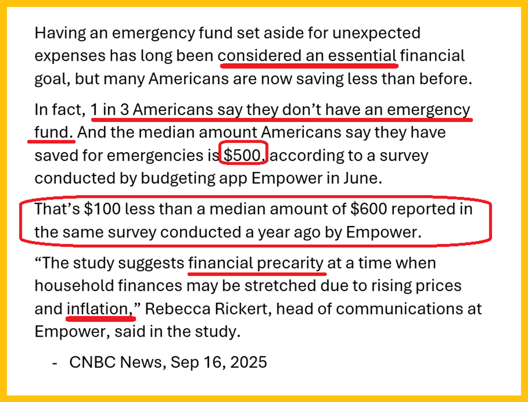Emergency Fund Survey (CNBC, Sep. 16, 2025)