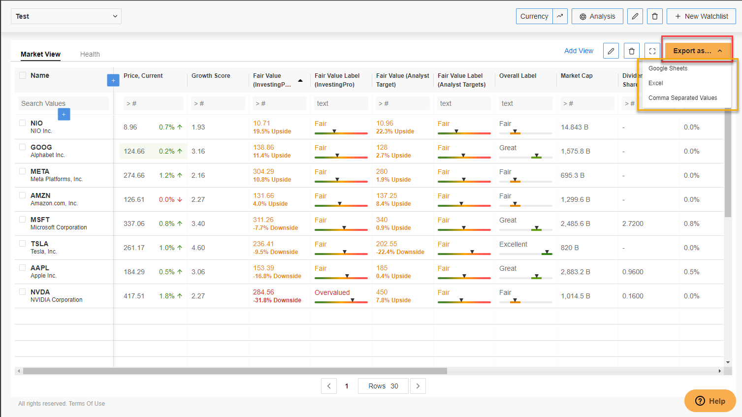 InvestingPro Watchlist