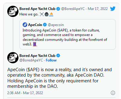 Tweet by bored ape yacht club.