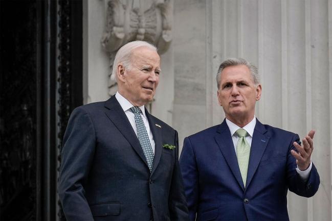 &copy Bloomberg. WASHINGTON, DC - MARCH 17: (L-R) U.S. President Joe Biden and Speaker of the House Kevin McCarthy (R-CA) talk as they depart the U.S. Capitol following the Friends of Ireland Luncheon on Saint Patrick's Day March 17, 2023 in Washington, DC. The Friends of Ireland caucus was founded in 1981 by the late Irish-American politicians Irish-American politicians Sen. Ted Kennedy (D-MA), Sen. Daniel Moynihan (D-NY) and former Speaker of the House Tip ONeill (D-MA). (Photo by Drew Angerer/Getty Images)