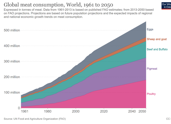 Global meat consumption, 1961-2050.