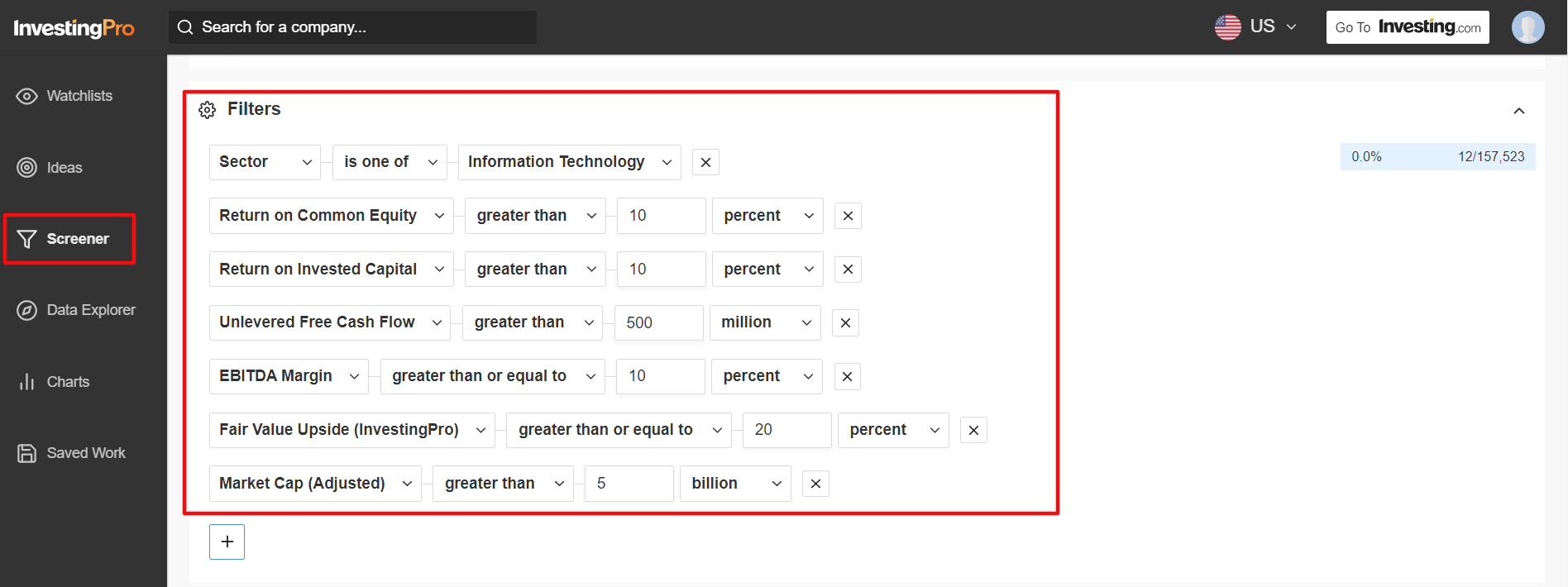 InvestingPro Screener Screen