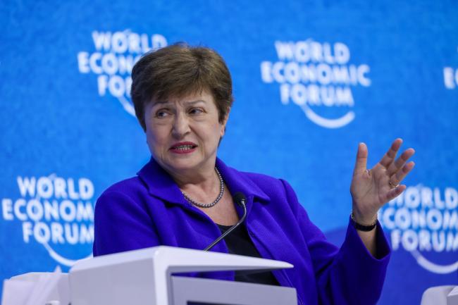 © Bloomberg. Kristalina Georgieva, managing director of the International Monetary Fund (IMF), speaks during a panel session on the opening day of the World Economic Forum (WEF) in Davos, Switzerland, on Monday, May 23, 2022. The annual Davos gathering of political leaders, top executives and celebrities runs from May 22 to 26. Photographer: Hollie Adams/Bloomberg