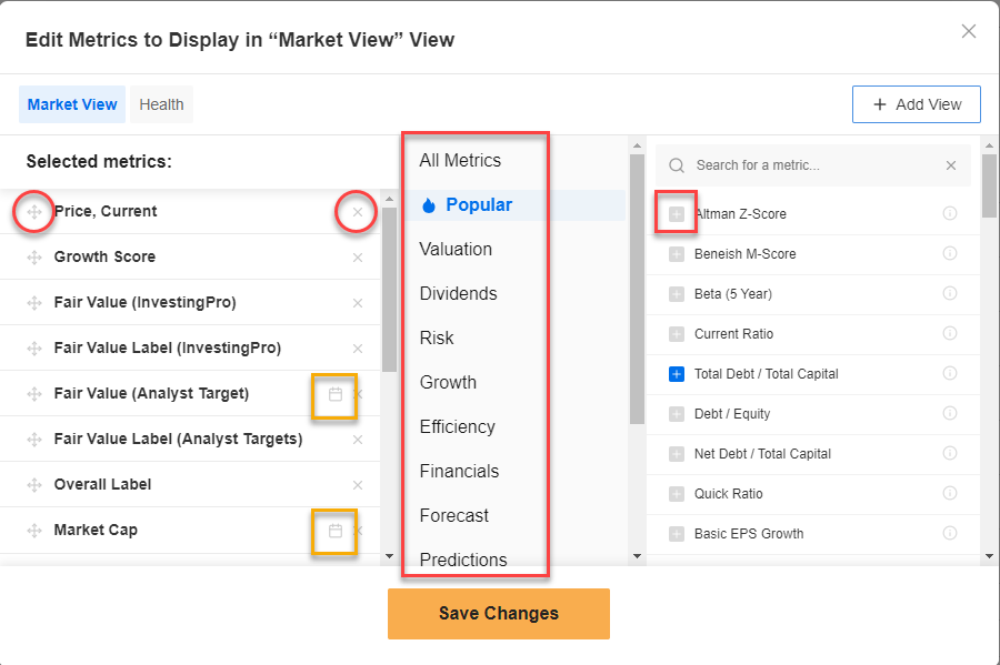 InvestingPro - Edit Metrics