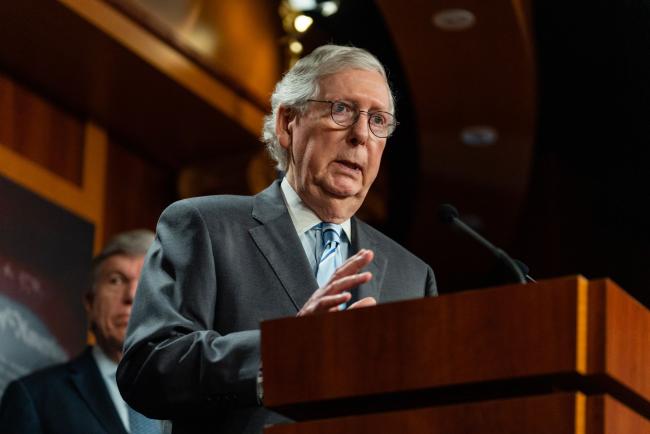 © Bloomberg. Senate Minority Leader Mitch McConnell, a Republican from Kentucky, speaks during a news conference following the weekly Republican caucus luncheon at the US Capitol in Washington, D.C., US, on Tuesday, July 26, 2022. The Senate delayed a procedural vote on a bill to boost the US domestic semiconductor industry after flight disruptions caused by storms on the East Coast prevented some senators from returning to Washington on Monday.