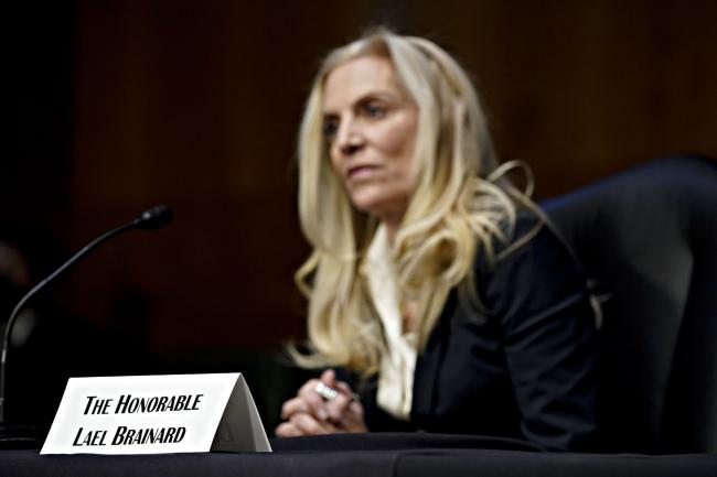 © Bloomberg. A name placard for Lael Brainard, governor of the U.S. Federal Reserve, during a Senate Banking, Housing, and Urban Affairs Committee confirmation hearing in Washington, D.C., U.S., on Thursday, Jan. 13, 2022. Brainard, nominated by President Biden to serve as Fed vice chair,said tackling inflation and getting it back down to 2% while sustaining an inclusive recovery is the U.S. central bank's most pressing task. Photographer: Al Drago/Bloomberg