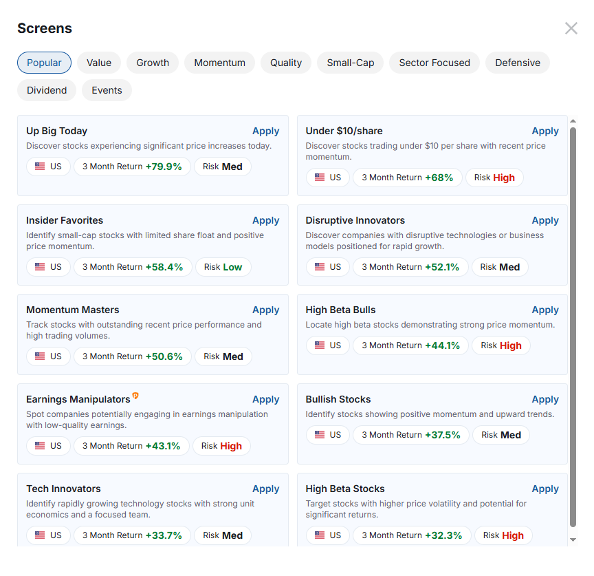 Predefined Screens Catalog
