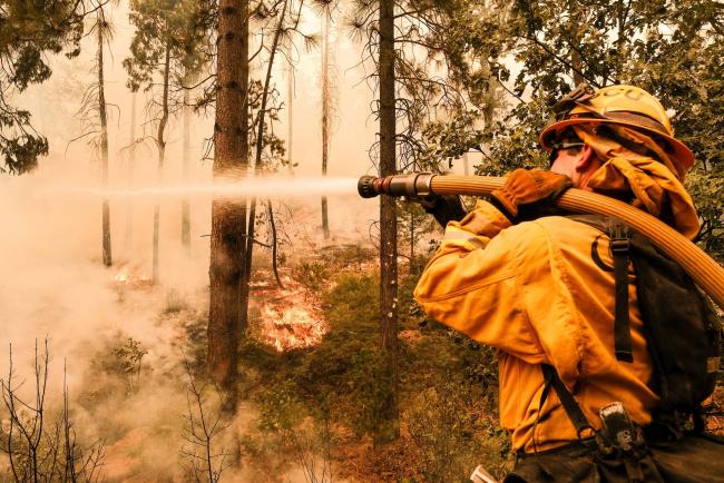 © Bloomberg. A firefighter works to control a backfire operation conducted to slow the advancement on a hillside during the Oak Fire in Mariposa County, California, US, on Sunday, July 24, 2022. A fast-moving wildfire near Yosemite National Park exploded in size Saturday into one of California's largest wildfires of the year, prompting evacuation orders for thousands of people and shutting off power to more than 2,000 homes and businesses.