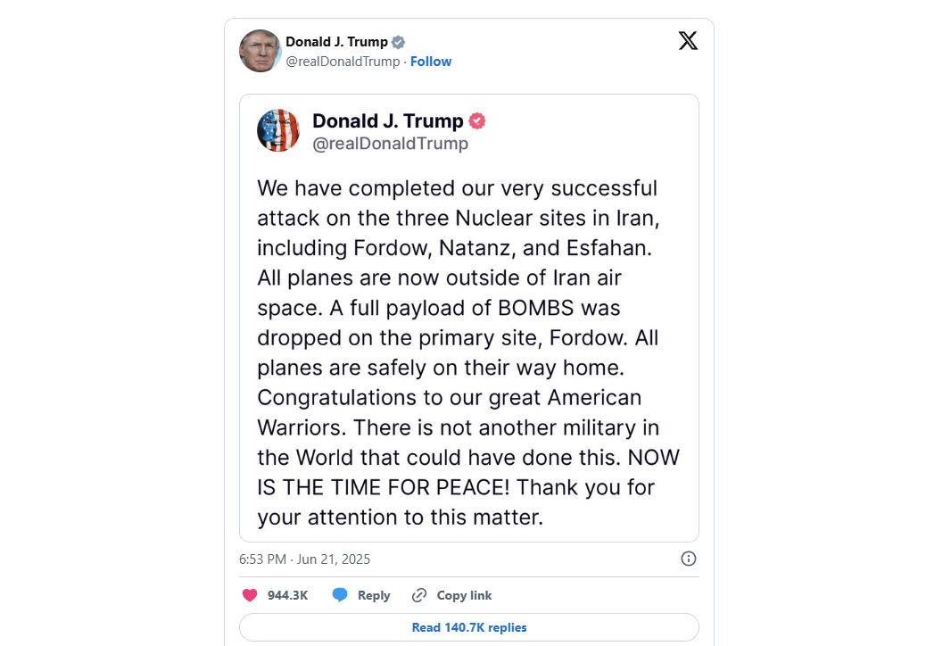 Trump no Truth Social sobre Irã