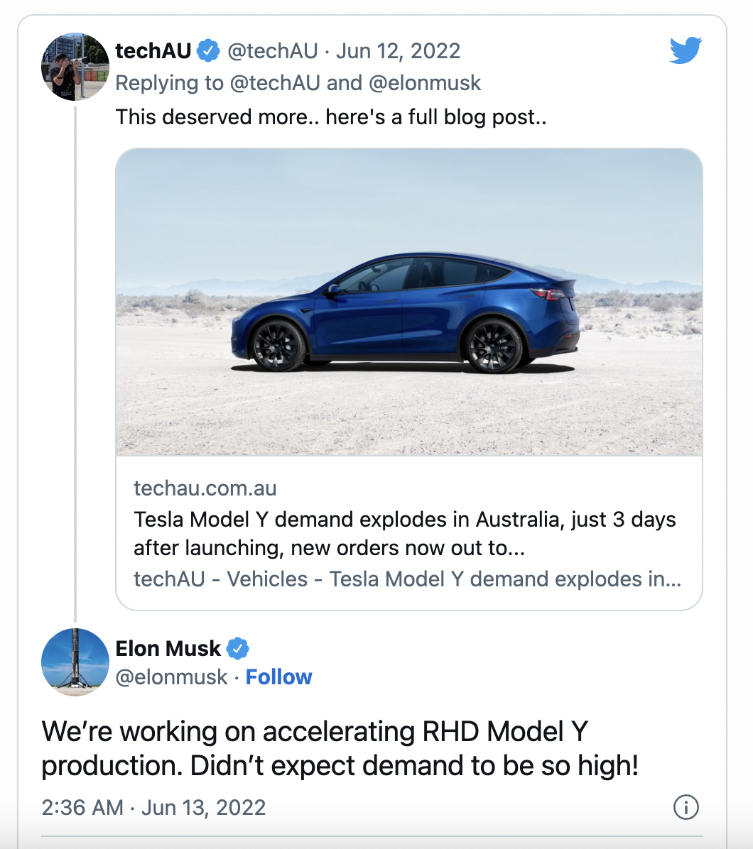 Musk Responds to Tweet.