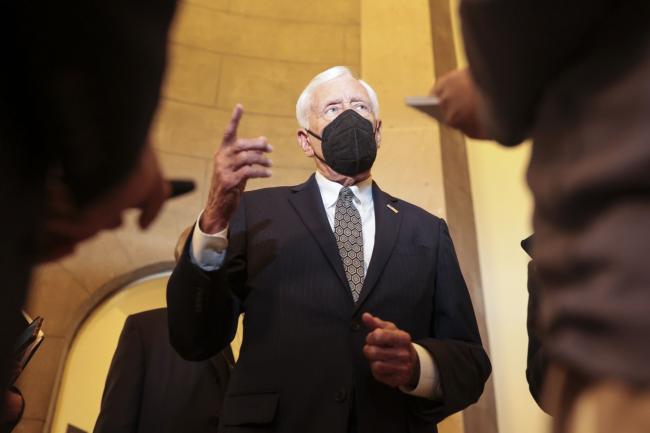 © Bloomberg. House Majority Leader Steny Hoyer, a Democrat from Maryland, talks to members of the media at the U.S. Capitol in Washington, D.C., U.S., on Tuesday, Oct. 12, 2021. The House is scheduled to vote on a short-term increase to the government's borrowing limit today, averting the immediate threat of a catastrophic default but setting the stage for even bigger showdown on debt and spending in less than two months. Photographer: Oliver Contreras/Bloomberg