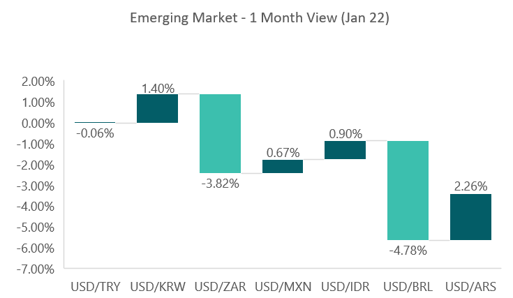 Emerging markets currencies, one month view.