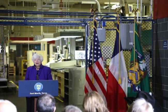 &copy Bloomberg. Janet Yellen speaks at the Bureau of Engraving and Printing’s Western Currency Facility in Fort Worth, Texas, on Dec. 8.