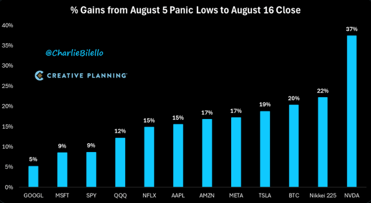 % Gains from Aug 5 Panic Lows to Aug 16 Close