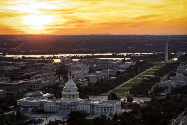 © Bloomberg. The U.S. Capitol is seen at dusk in this aerial photograph taken above Washington, D.C., U.S., on Tuesday, Nov. 4, 2019. Democrats and Republicans are at odds over whether to provide new funding for Trump's signature border wall, as well as the duration of a stopgap measure. Some lawmakers proposed delaying spending decisions by a few weeks, while others advocated for a funding bill to last though February or March. Photographer: Al Drago/Bloomberg