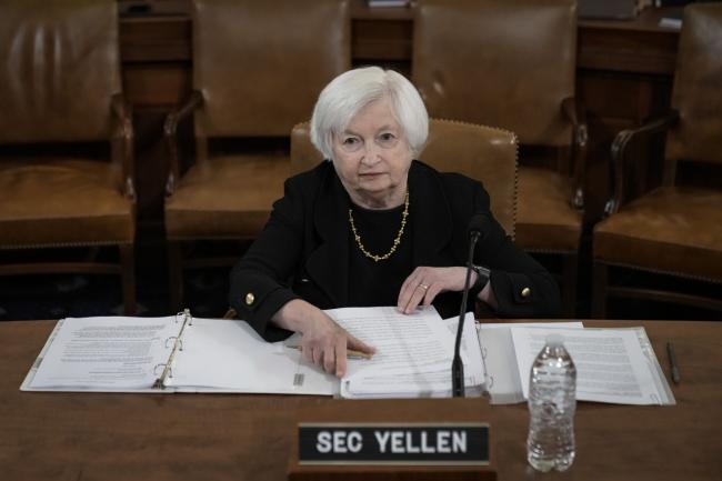 &copy Bloomberg. WASHINGTON, DC - MARCH 10: U.S. Treasury Secretary Janet Yellen takes her seat as she arrives for a House Ways and Means Committee hearing on Capitol Hill March 10, 2023 in Washington, DC. The hearing focused on President Joe Biden's fiscal year 2024 budget plan. (Photo by Drew Angerer/Getty Images)