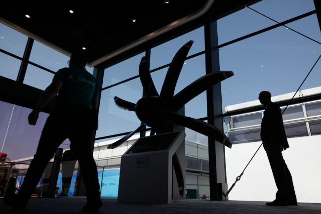 © Bloomberg. Propeller blades on display on day two of the Farnborough International Airshow in Farnborough, UK, on July 19.