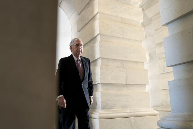 © Bloomberg. Senate Minority Leader Mitch McConnell, a Republican from Kentucky, arrives at the U.S. Capitol in Washington, D.C., U.S., on Thursday, Sept. 30, 2021. President Biden is poised to avoid a disruptive shutdown of the federal government, but deal-making continues on his economic agenda before a planned Thursday vote on an infrastructure package that underscores deep divisions among Democrats.