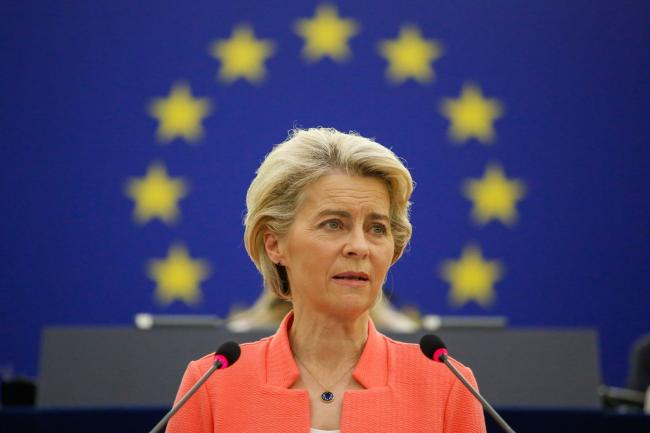 &copy Bloomberg. Ursula von der Leyen, president of the European Commission, delivers the State of Union 2021 address inside the Louise Weiss building, the principle seat of the European Parliament, in Strasbourg, France, on Wednesday, Sept. 15, 2021. During a closed-door meeting with European lawmakers, von der Leyen said the speech is an opportunity to show the Commission’s actions were right and pointed to what the EU has achieved on recovery plans, vaccinations and the digital Covid-19 pass, according to officials present.