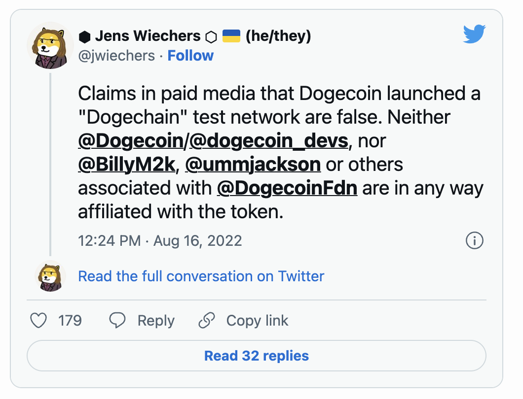 Tweet From Jens Wiechers, Dogecoin Legal And Governance President.