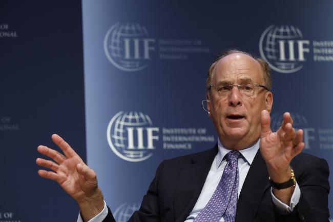 © Bloomberg. Larry Fink, chairman and chief executive officer of <span>BlackRock</span>, speaks during the Institute of International Finance (IIF) annual membership meeting in Washington, DC, US, on Wednesday, Oct. 12, 2022. This year's conference theme is 