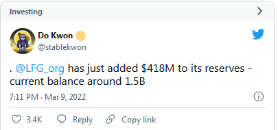 Terraform labs CEO Do Kwon tweets.