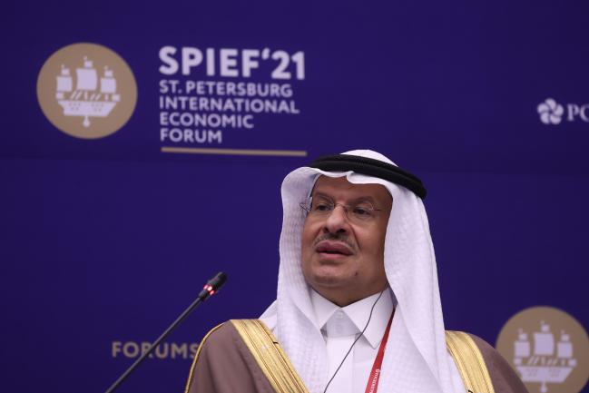 © Bloomberg. Abdulaziz bin Salman, Saudi Arabia's energy minister, speaks during a panel session on day two of the St. Petersburg International Economic Forum (SPIEF) in St. Petersburg, Russia, on Thursday, June 3, 2021. President Vladimir Putin will host Russia’s flagship investor showcase as he seeks to demonstrate its stuttering economy is back to business as usual despite continuing risks from Covid-19 and new waves of western sanctions.